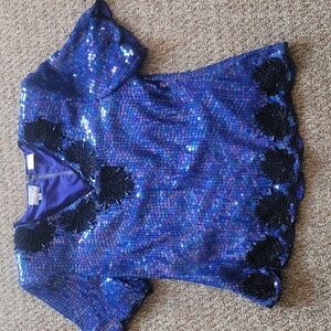 Stenay Blue 100% Silk Sequin Top w/Padded Shoulders SIZE LP